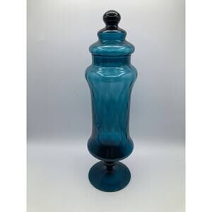 Vintage Teal Blue Glass Apothecary Jar Vase with Lid 14" Mid-Century Modern S